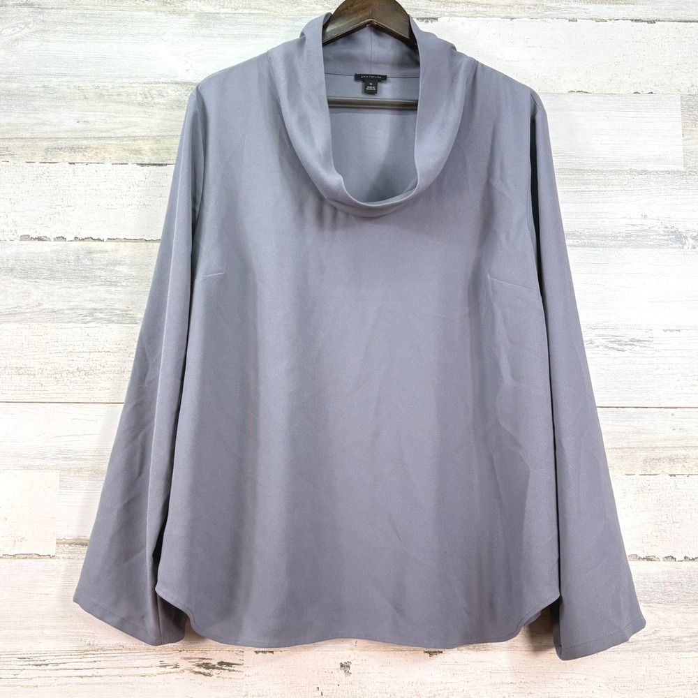 Ann Taylor Womens XL Cowl Neck‎ Blouse Dusty Blue Gray Long Sleeve Work Top